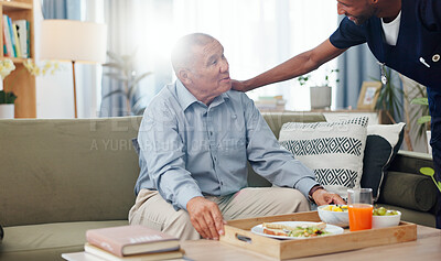 Senior, woman and nurse or breakfast with support, conversation and caregiver in living room of retirement. Elderly, person and black man with kindness, happiness and discussion while serving a meal