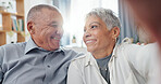 Senior couple, selfie and living room at home with smile, love and care together on a sofa. Social media, happy and face in a lounge with support and laughing in retirement with marriage on a couch