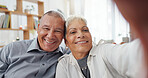 Senior couple, selfie and living room at home with smile, love and care together on a sofa. Social media, happy and face in a lounge with support and laughing in retirement with marriage on a couch