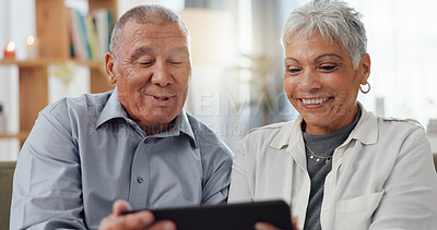 Mature, couple and tablet on sofa for online streaming, reading ebook or happy with retirement plan at home. Senior people on digital technology for pension website, online choice or talking together