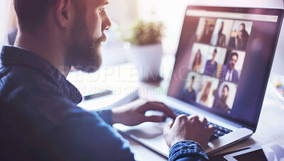 Laptop, webinar and online corporate meeting for remote worker, seminar or conference. Video call, communicate and closeup of screen for networking, wifi connection and marketing strategy planning