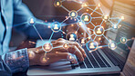 Laptop, webinar and online corporate meeting for remote worker, seminar or conference. Overlay, communicate and closeup of screen for networking, wifi connection and marketing strategy planning