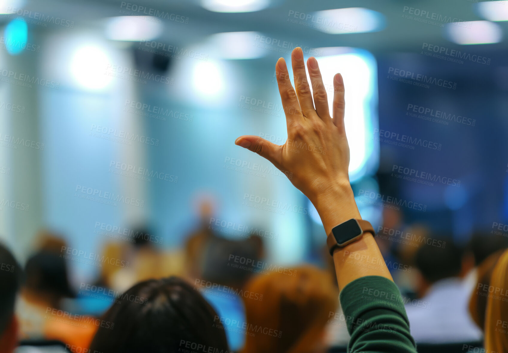 Buy stock photo Raised hand, people and audience asking or voting at business meeting, conference or trading seminar. Hall, closeup and back view for convention, workshop gathering, or ask a question in workplace