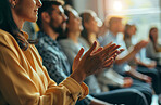 Business, people and clapping hands or applause at meeting, conference or seminar. Group, closeup and row of workers or audience cheering for success, congratulate or presentation satisfaction