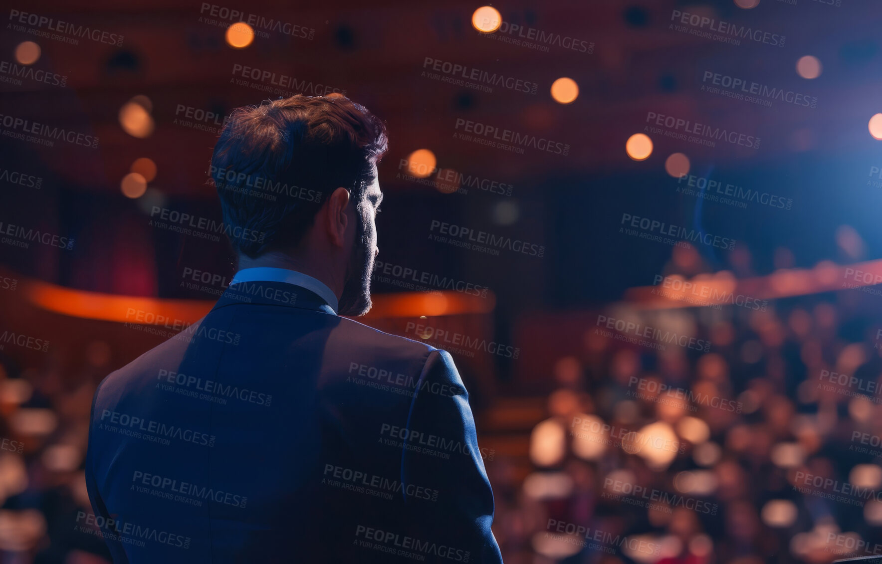 Buy stock photo Businessman, conference or speaker sharing information at a business seminar for knowledge, motivational or coaching. Confident, man or coach speaks to audience at a convention or corporate event