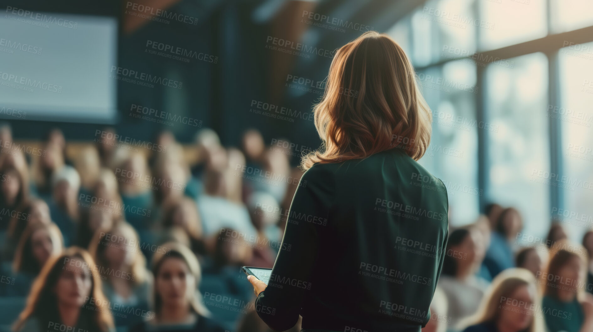 Buy stock photo Woman, conference or speaker sharing information at a business seminar for information and coaching. Confident, female or back view of coach speaking to audience at a convention or corporate event