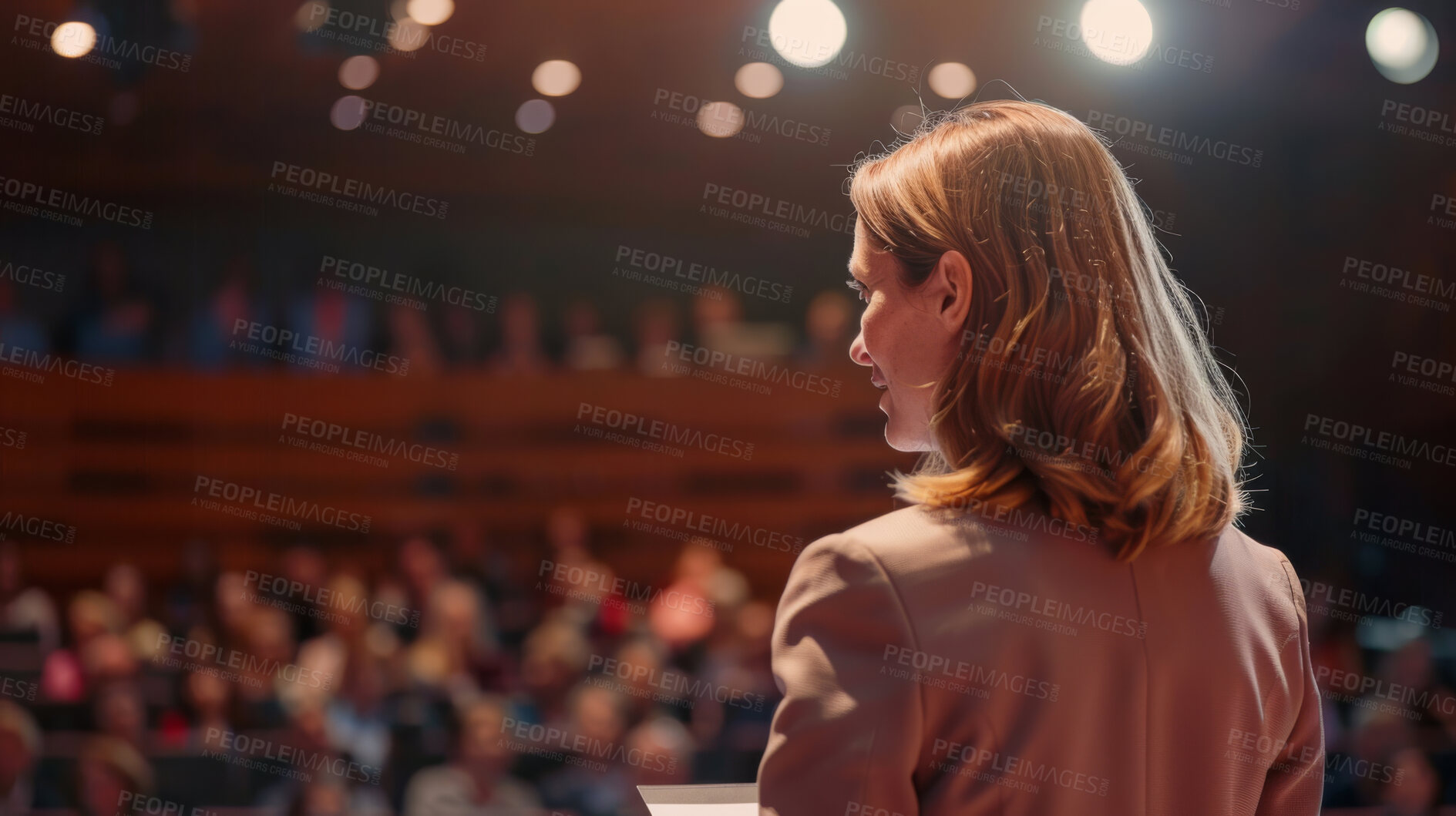 Buy stock photo Woman, conference or speaker sharing information at a business seminar for information and coaching. Confident, female or back view of coach speaking to audience at a convention or corporate event