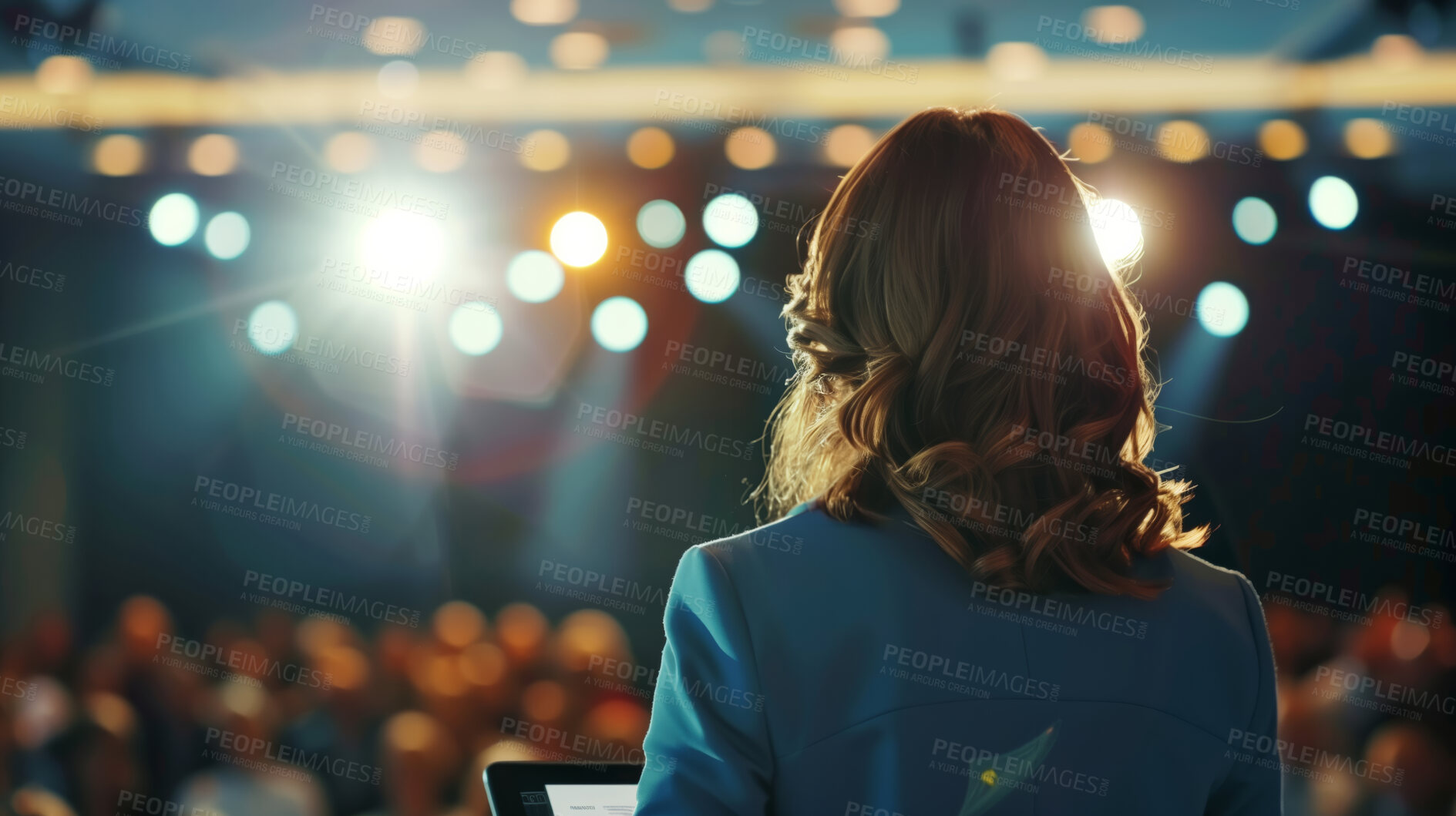 Buy stock photo Woman, conference or speaker sharing information at a business seminar for information and coaching. Confident, female or back view of coach speaking to audience at a convention or corporate event