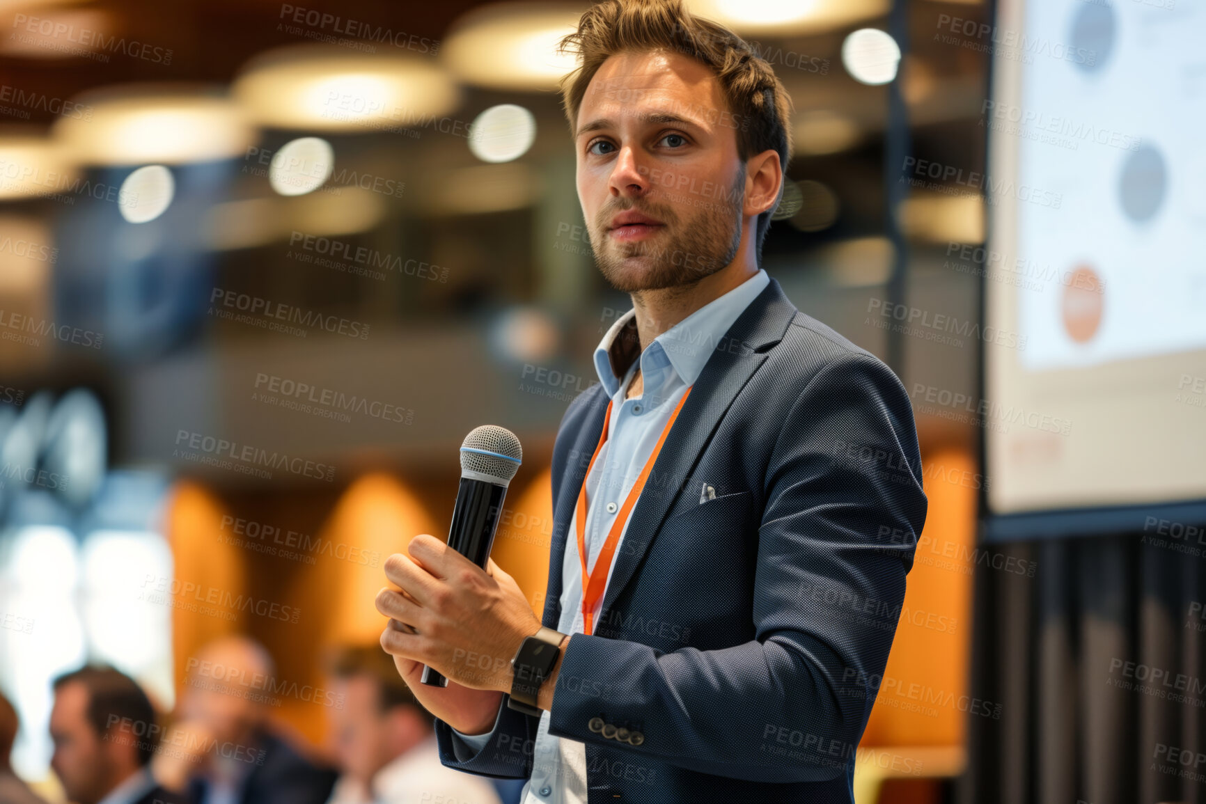 Buy stock photo Businessman, conference or speaker holding a microphone at a business seminar for knowledge, motivational or coaching. Confident, man or coach speaks to audience at a convention or corporate event