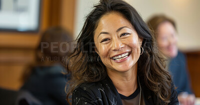 Asian woman, employee and business portrait in an office for presentation, seminar or trading workshop. Confident, female executive smiling or happy for marketing, strategy or leadership in workplace
