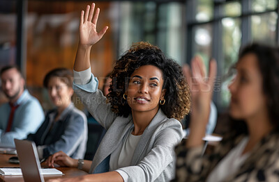 Raised hand, business and woman volunteer or voting at meeting, conference or trading seminar. Office, confident and female at convention, workshop gathering, or asking a question in workplace