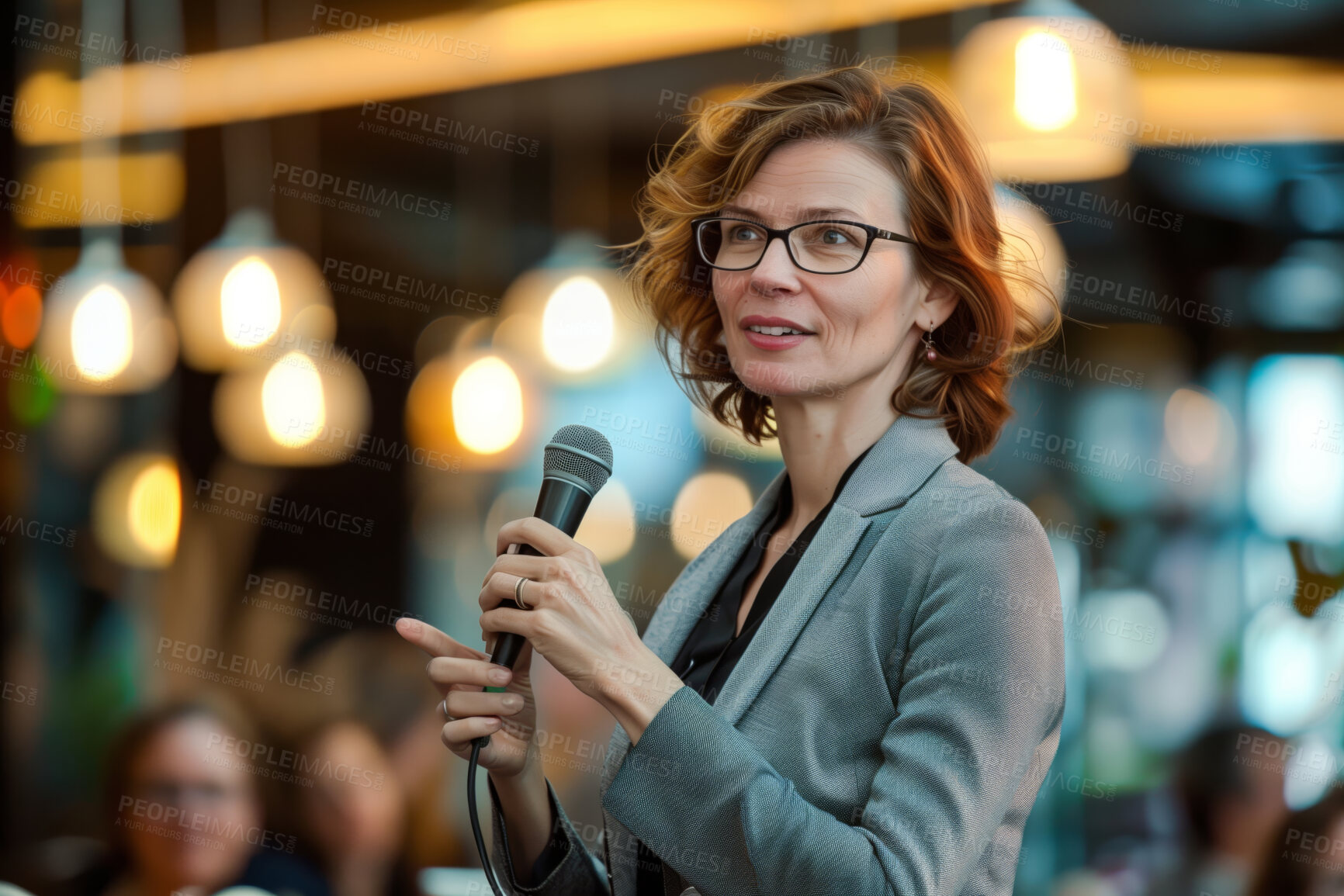 Buy stock photo Businesswoman, conference or speaker sharing information at a business seminar for knowledge, motivational or coaching. Confident, woman or coach speaks to audience at a convention or corporate event