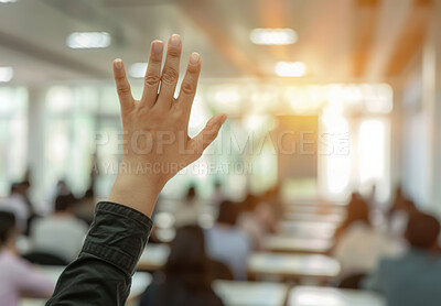 Raised hand, people and audience asking or voting at business meeting, conference or trading seminar. Hall, closeup and back view for convention, workshop gathering, or ask a question in workplace