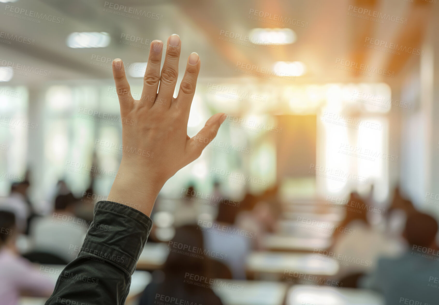 Buy stock photo Raised hand, people and audience asking or voting at business meeting, conference or trading seminar. Hall, closeup and back view for convention, workshop gathering, or ask a question in workplace