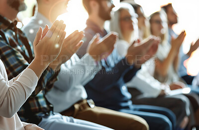 Business, people and clapping hands or applause at meeting, conference or seminar. Group, closeup and row of workers or audience cheering for success, congratulate or presentation satisfaction