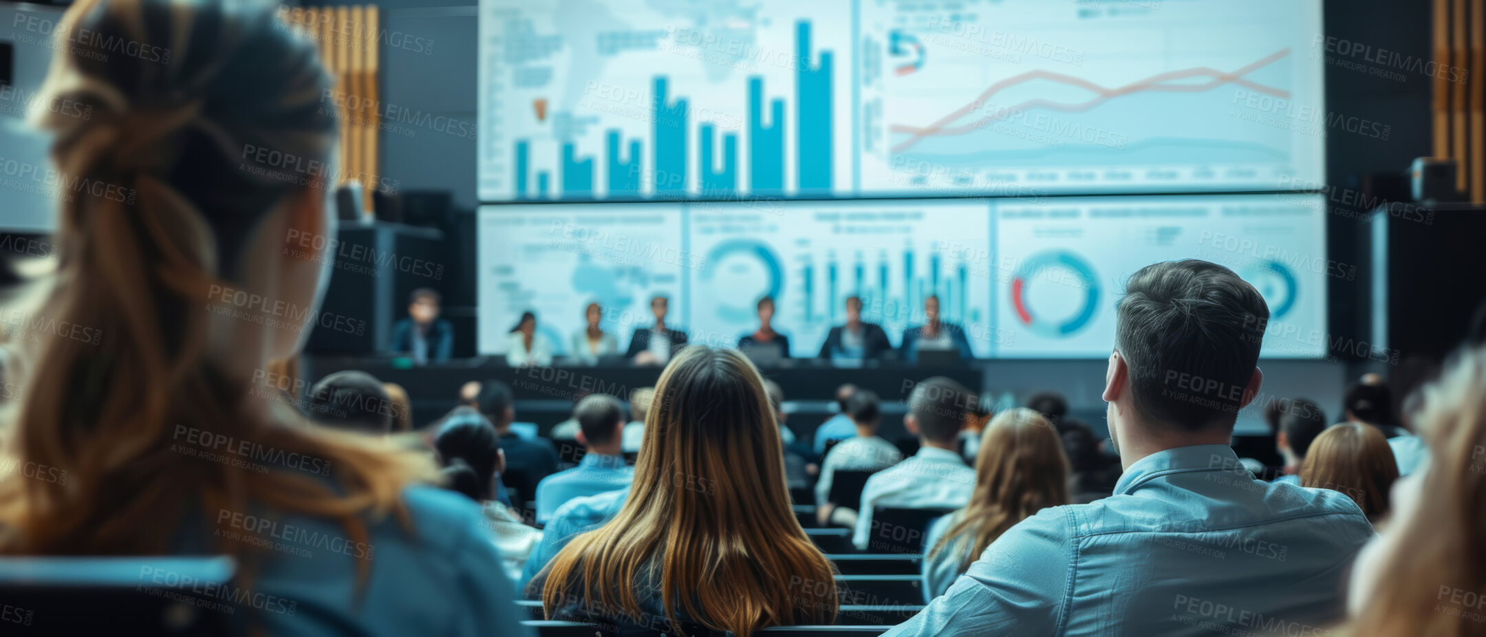 Buy stock photo Group, conference or people sharing information at a business seminar for information or presentation. Back view of audience looking at a screen with graphs at a trading convention or corporate event