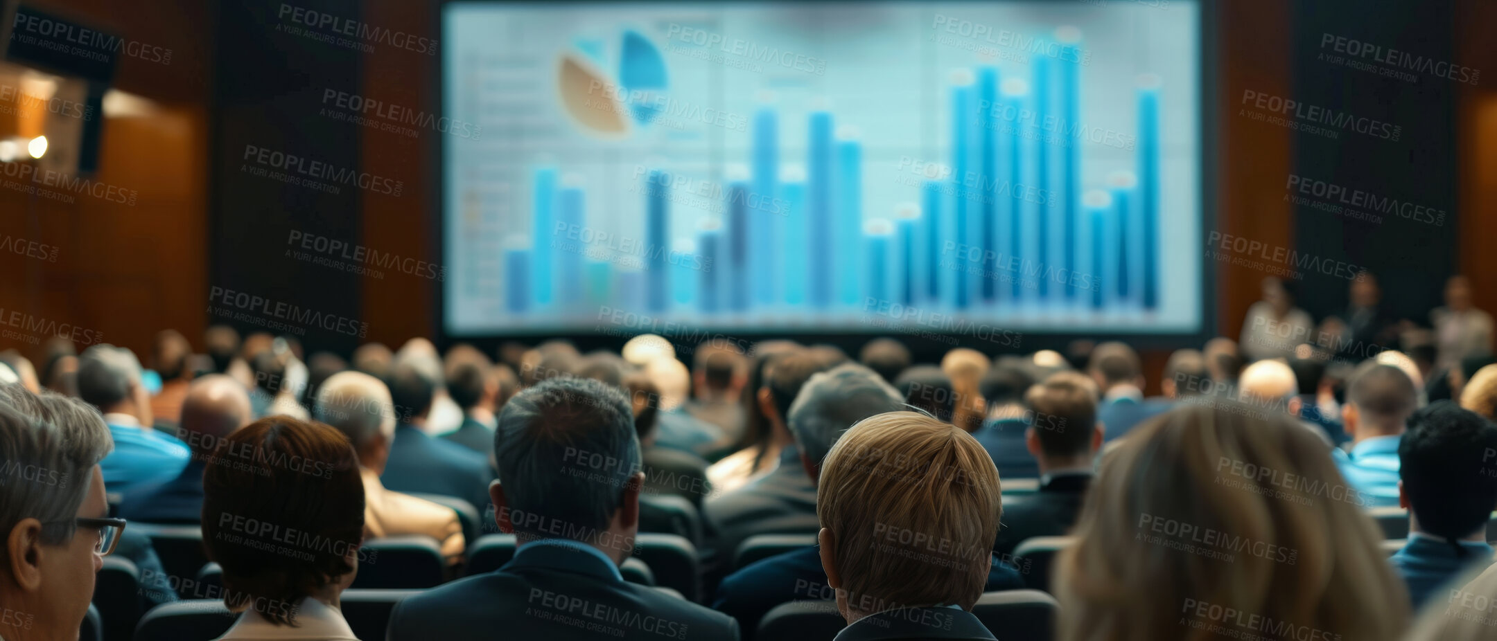 Buy stock photo Group, conference or people sharing information at a business seminar for information or presentation. Back view of audience looking at a screen with graphs at a trading convention or corporate event