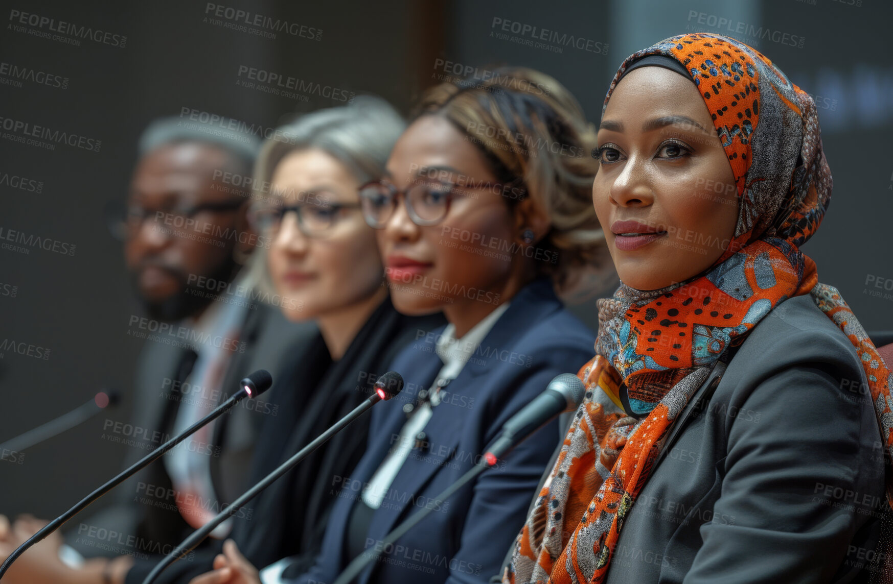 Buy stock photo Business woman, conference or panel speaker with a microphone at a business seminar for knowledge, motivational or discussion. Confident, female or coach speaking at a convention or corporate event