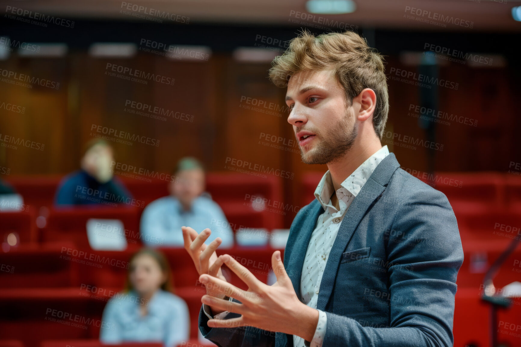 Buy stock photo Businessman, conference or speaker sharing information at a business seminar for knowledge, motivational or coaching. Confident, man or coach speaks to audience at a convention or corporate event