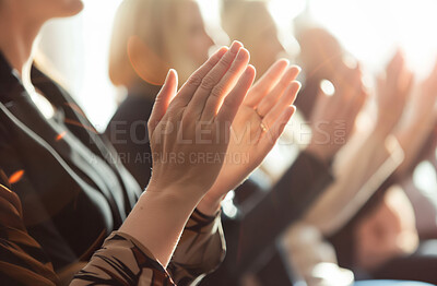 Business, people and clapping hands or applause at meeting, conference or seminar. Group, closeup and row of workers or audience cheering for success, congratulate or presentation satisfaction