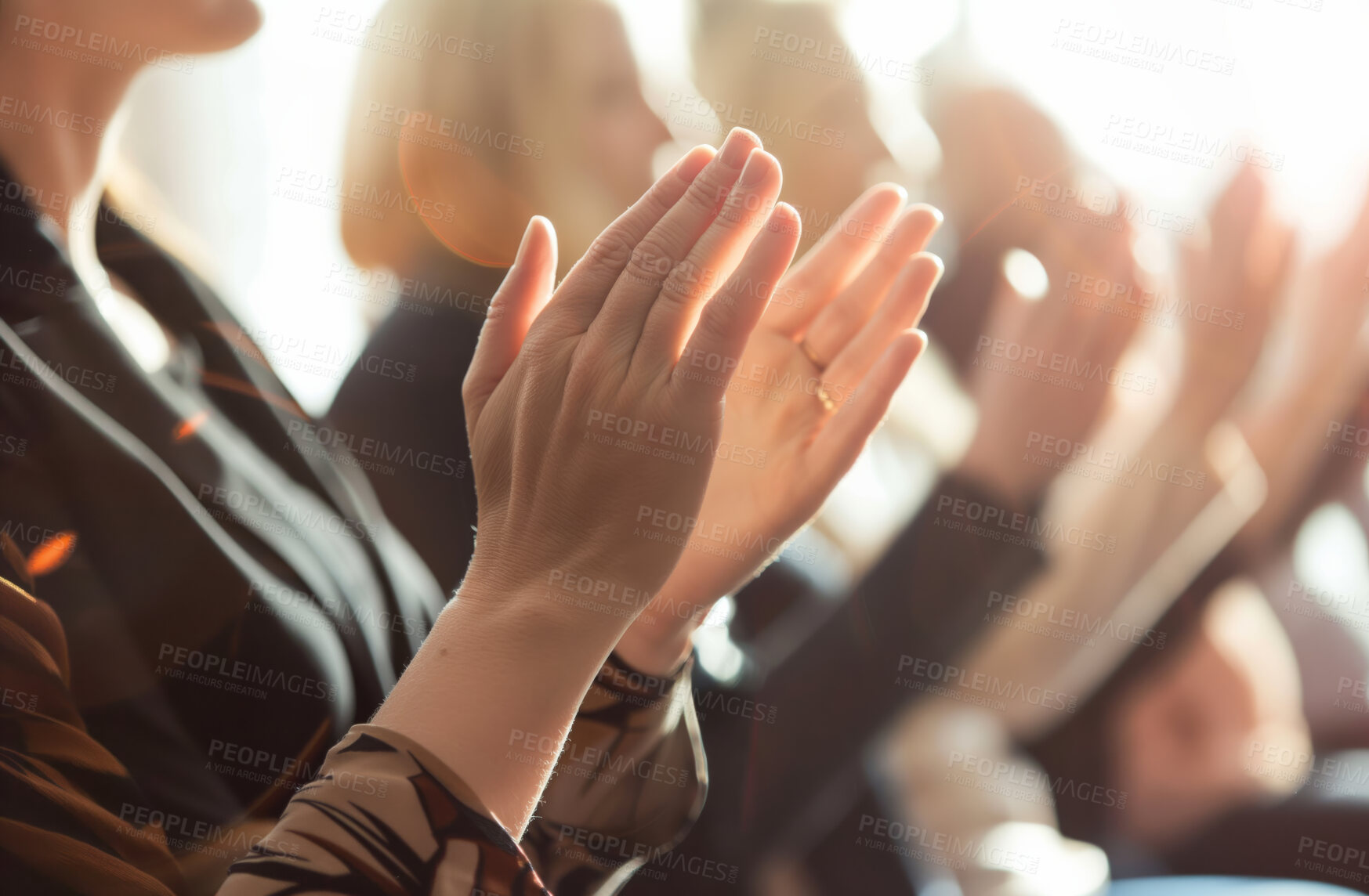 Buy stock photo Business, people and clapping hands or applause at meeting, conference or seminar. Group, closeup and row of workers or audience cheering for success, congratulate or presentation satisfaction