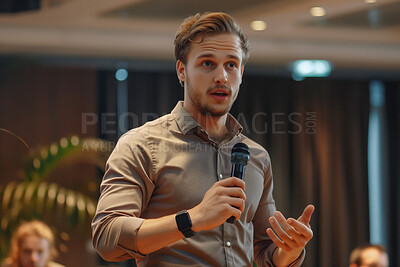 Businessman, conference or speaker holding a microphone at a business seminar for knowledge, motivational or coaching. Confident, man or coach speaks to audience at a convention or corporate event