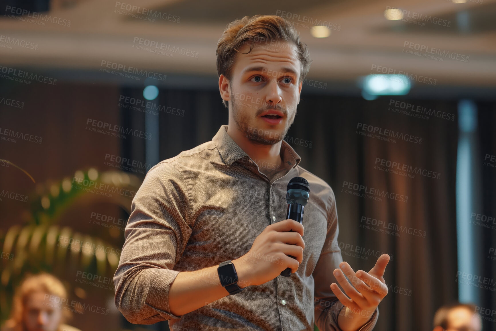 Buy stock photo Businessman, conference or speaker holding a microphone at a business seminar for knowledge, motivational or coaching. Confident, man or coach speaks to audience at a convention or corporate event