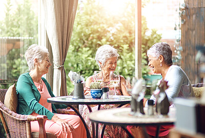 Buy stock photo Lunch, wine and laugh with elderly friends in restaurant for bonding, date and relax. Retirement, hospitality and happiness with group of senior people with drink for social, memory and support