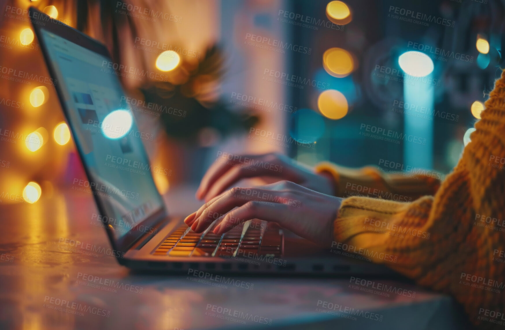 Buy stock photo Laptop, hand and person typing an email or message for social media marketing, business or networking. Closeup, computer and video call with friends or colleagues for content creation and research