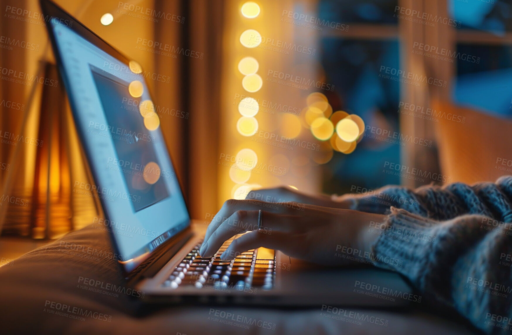 Buy stock photo Laptop, hand and person typing an email or message for social media marketing, business or networking. Closeup, computer and video call with friends or colleagues for content creation and research