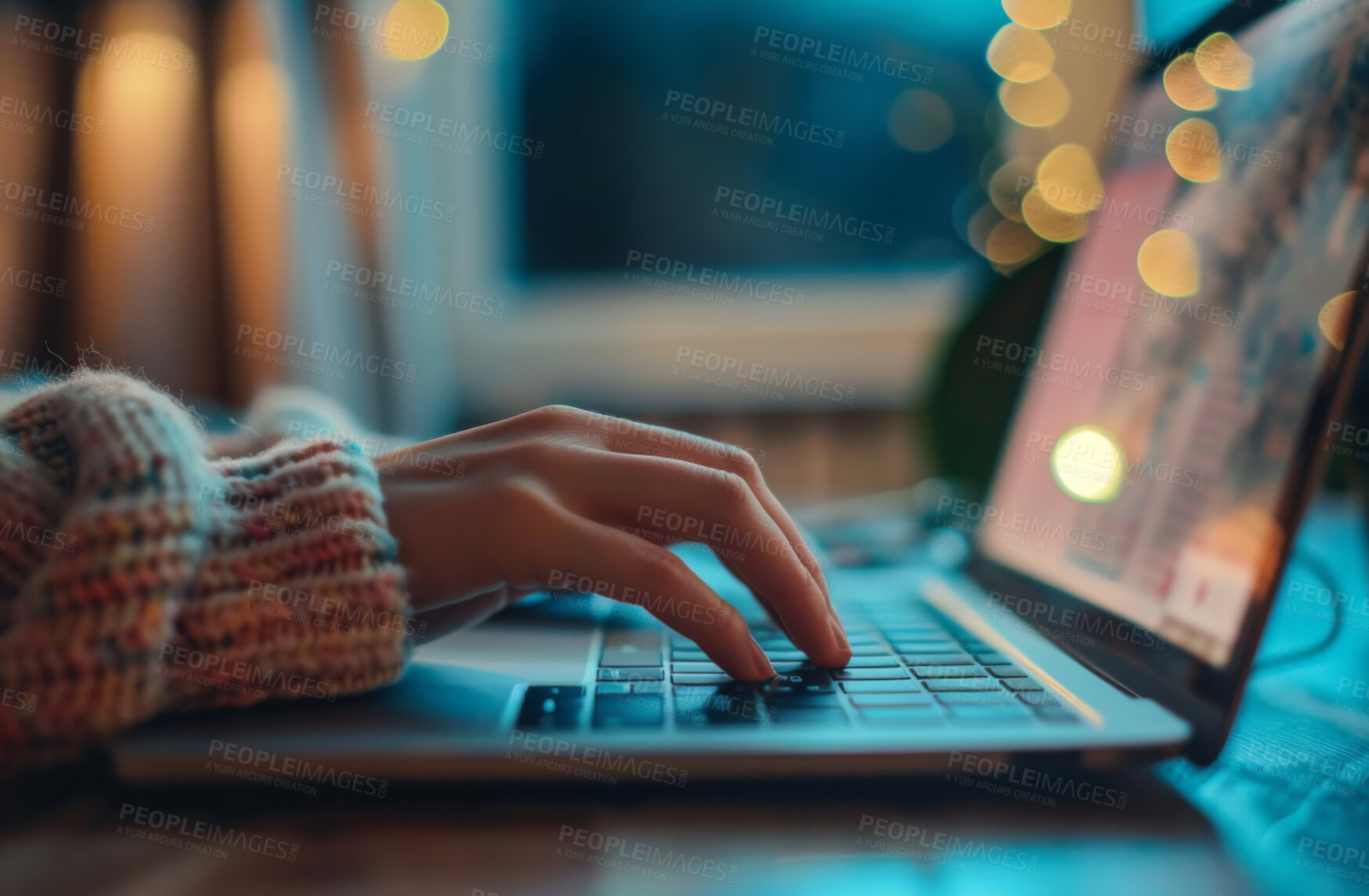 Buy stock photo Laptop, hand and person typing an email or message for social media marketing, business or networking. Closeup, computer and video call with friends or colleagues for content creation and research