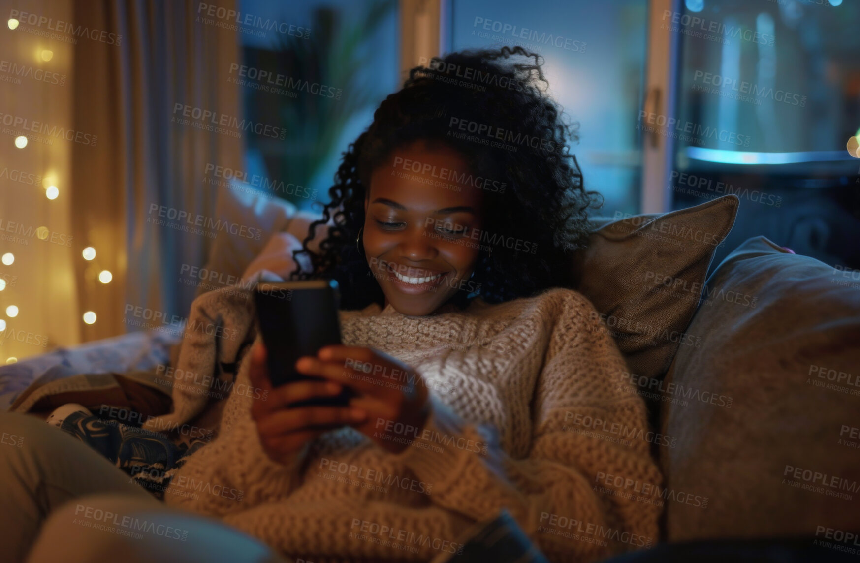 Buy stock photo Smartphone, couch and woman typing a message for social media marketing, business or networking. Cheerful, young and African female texting friends or colleagues for content creation and scrolling