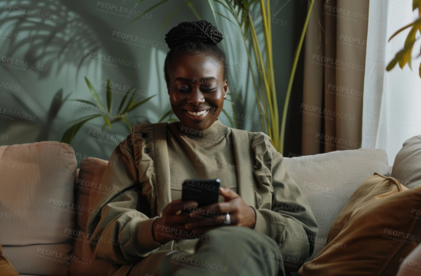 Buy stock photo Smartphone, couch and woman typing a message for social media marketing, business or networking. Cheerful, young and African female texting friends or colleagues for content creation and scrolling