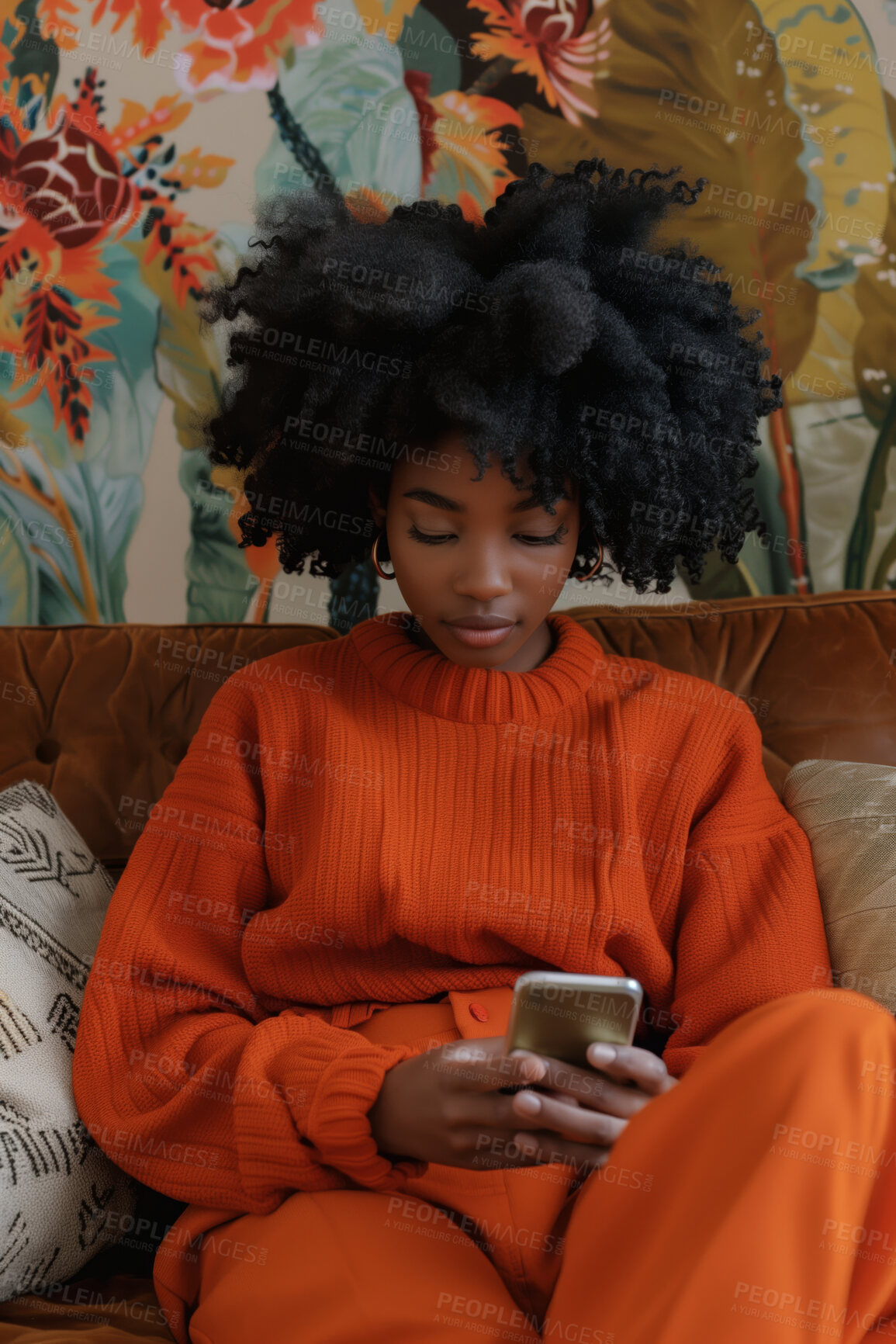 Buy stock photo Smartphone, couch and woman typing a message for social media marketing, business or networking. Cheerful, young and African female texting friends or colleagues for content creation and scrolling