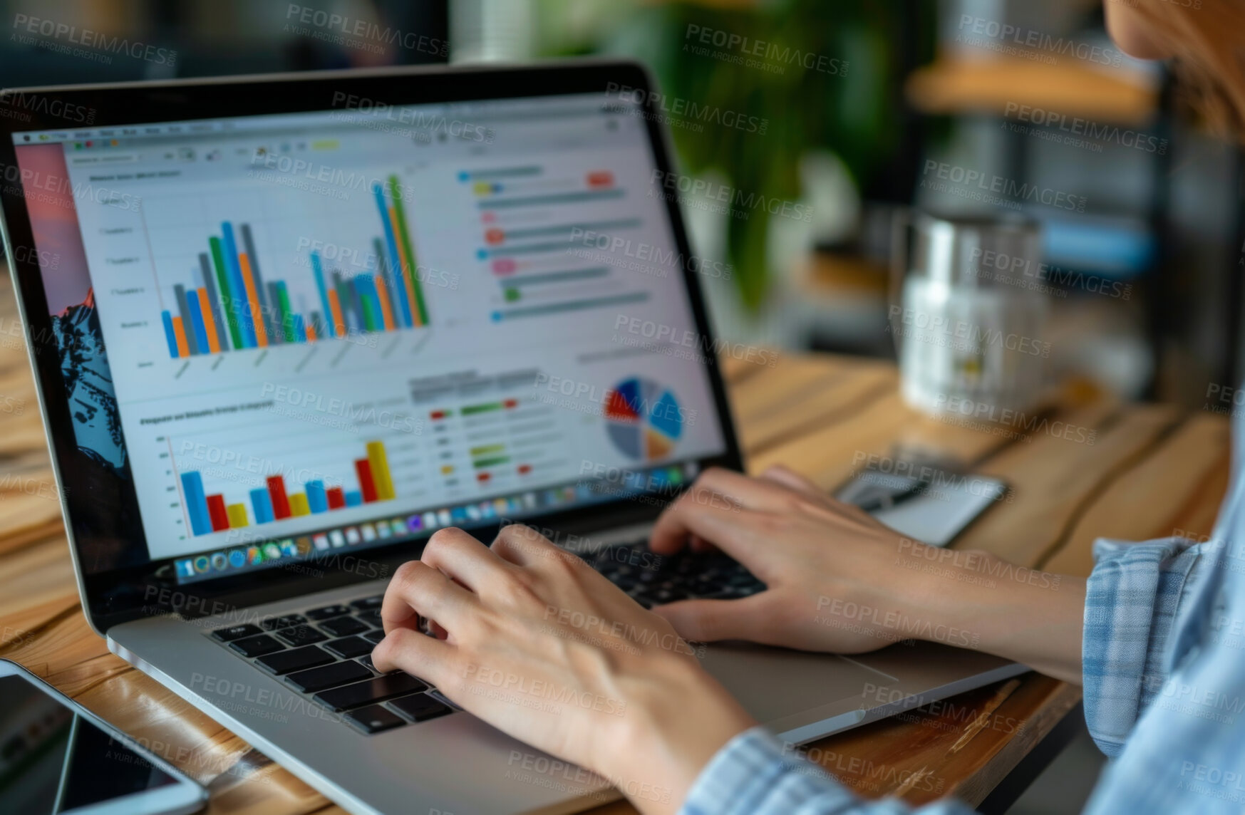 Buy stock photo Laptop, hand and person typing an email or message for social media research, graphs and analytics. Closeup, computer and online call with colleagues for content creation and marketing strategy