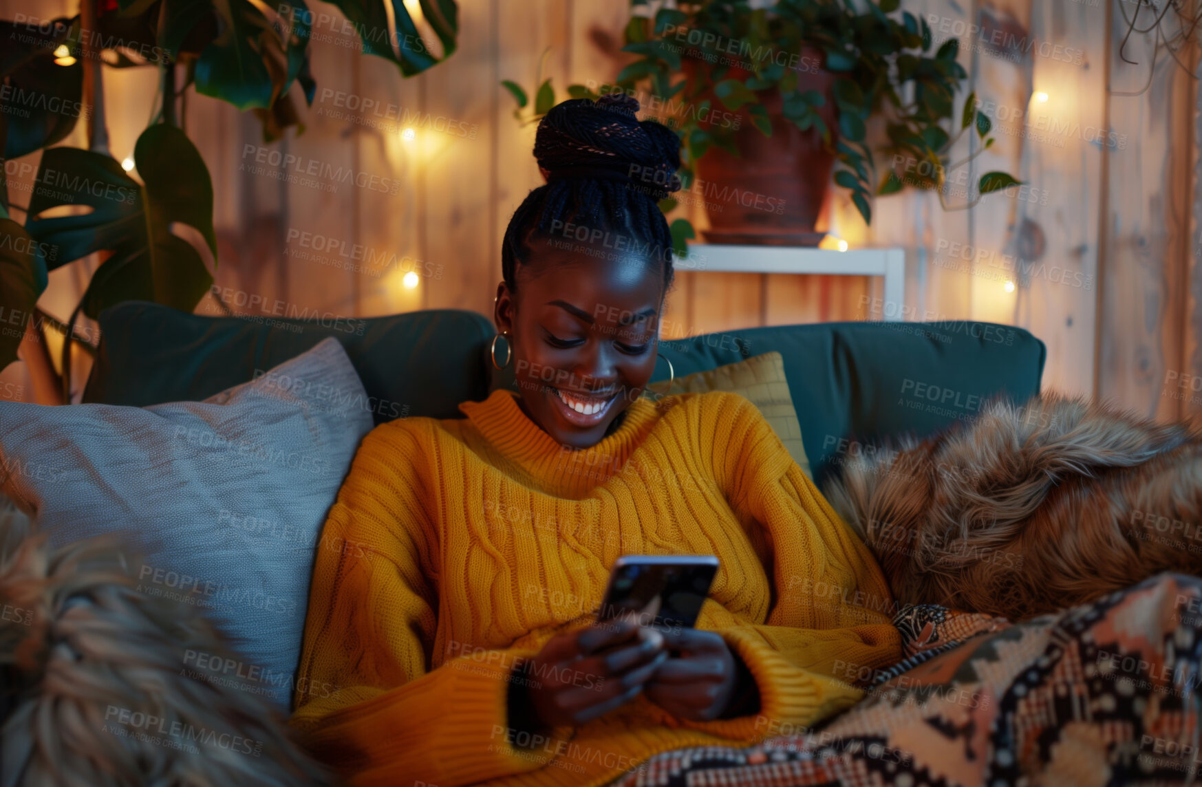 Buy stock photo Smartphone, couch and woman typing a message for social media marketing, business or networking. Cheerful, young and African female texting friends or colleagues for content creation and scrolling