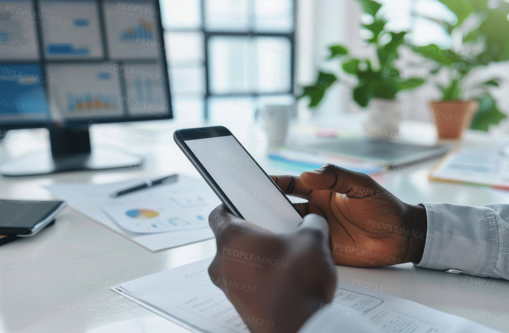 Buy stock photo Smartphone, hand and person typing an email or message for social media marketing, business or networking. Closeup, cellphone and blank screen mockup space for apps, content creation and research