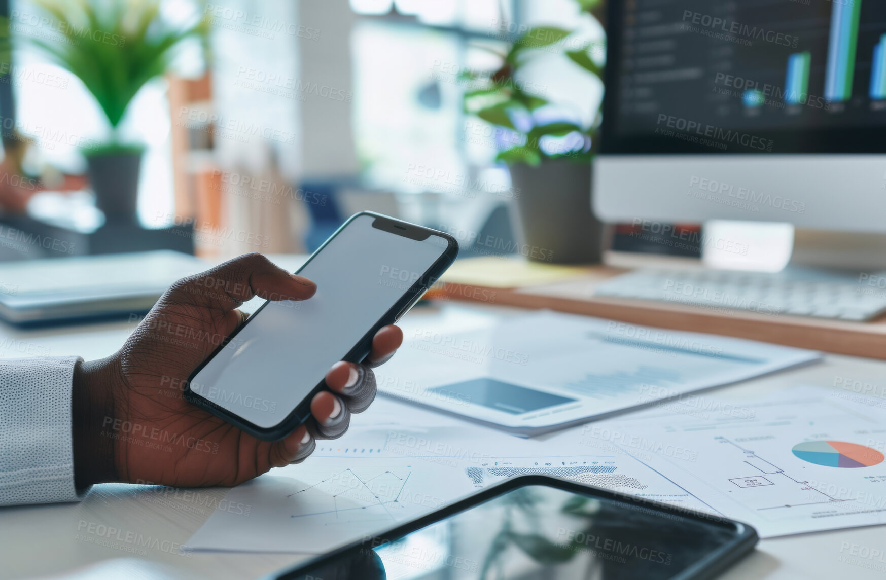 Buy stock photo Smartphone, hand and person typing an email or message for social media marketing, business or networking. Closeup, cellphone and blank screen mockup space for apps, content creation and research