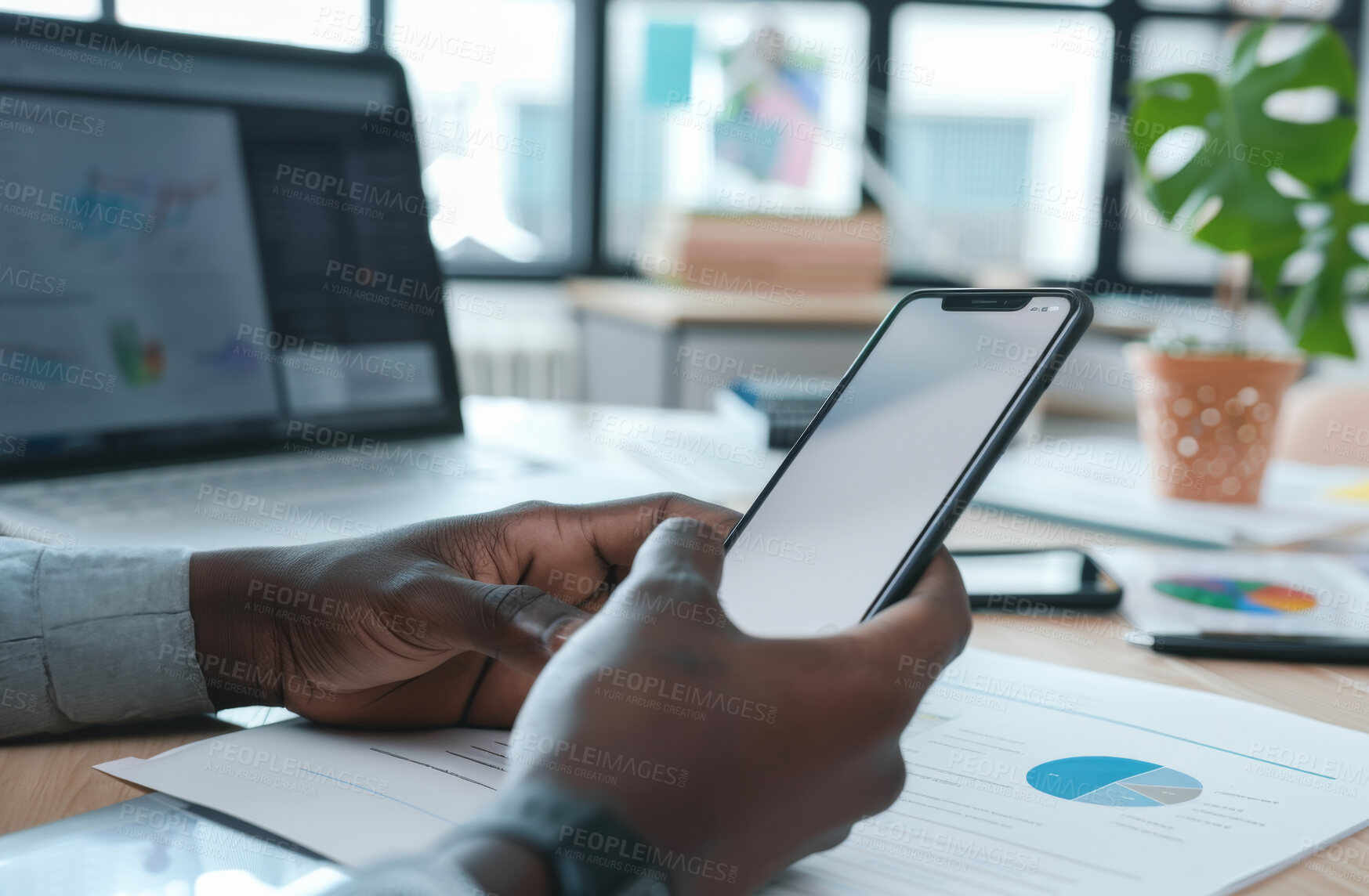 Buy stock photo Smartphone, hand and person typing an email or message for social media marketing, business or networking. Closeup, cellphone and blank screen mockup space for apps, content creation and research