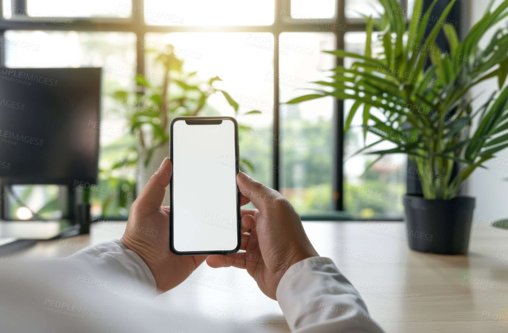 Buy stock photo Smartphone, hand and person typing an email or message for social media marketing, business or networking. Closeup, cellphone and blank screen mockup space for apps, content creation and research