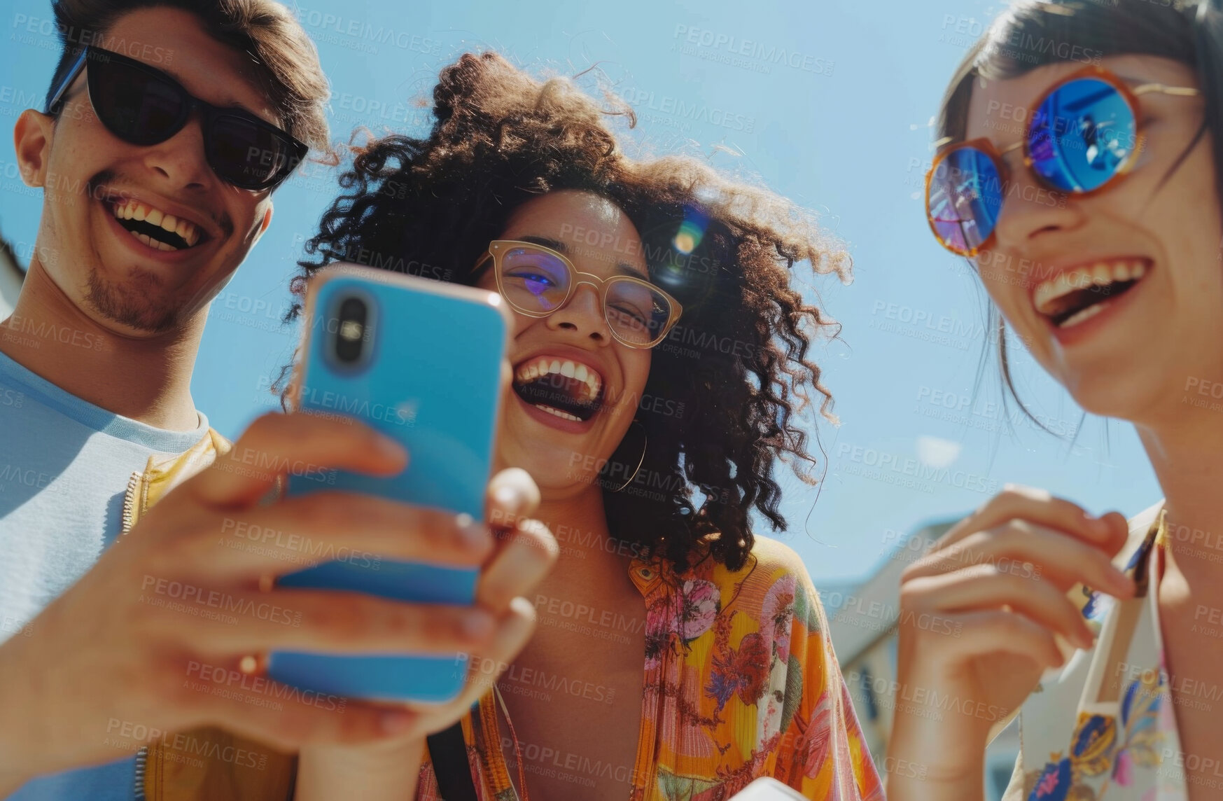 Buy stock photo Smartphone, group and friends looking at a funny social media post, video call or internet clips. Cheerful, young and teens laughing and texting friends for content creation, application or scrolling