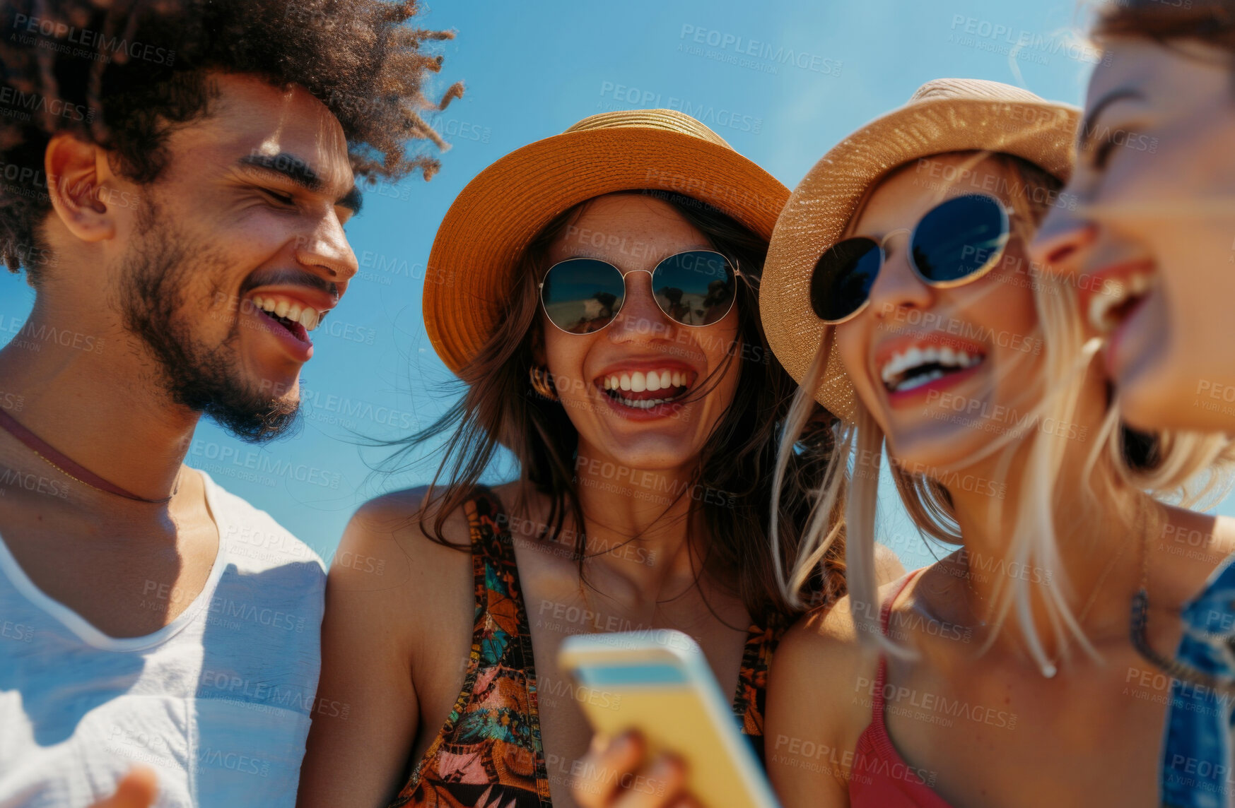 Buy stock photo Smartphone, group and friends looking at a funny social media post, video call or internet clips. Cheerful, young and teens laughing and texting friends for content creation, application or scrolling