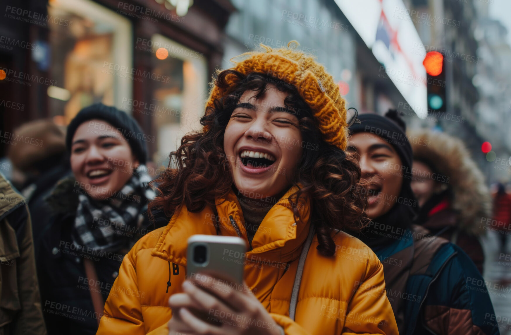 Buy stock photo Smartphone, group and friends looking at a funny social media post, video call or internet clips. Cheerful, young and teens laughing and texting friends for content creation, application or scrolling
