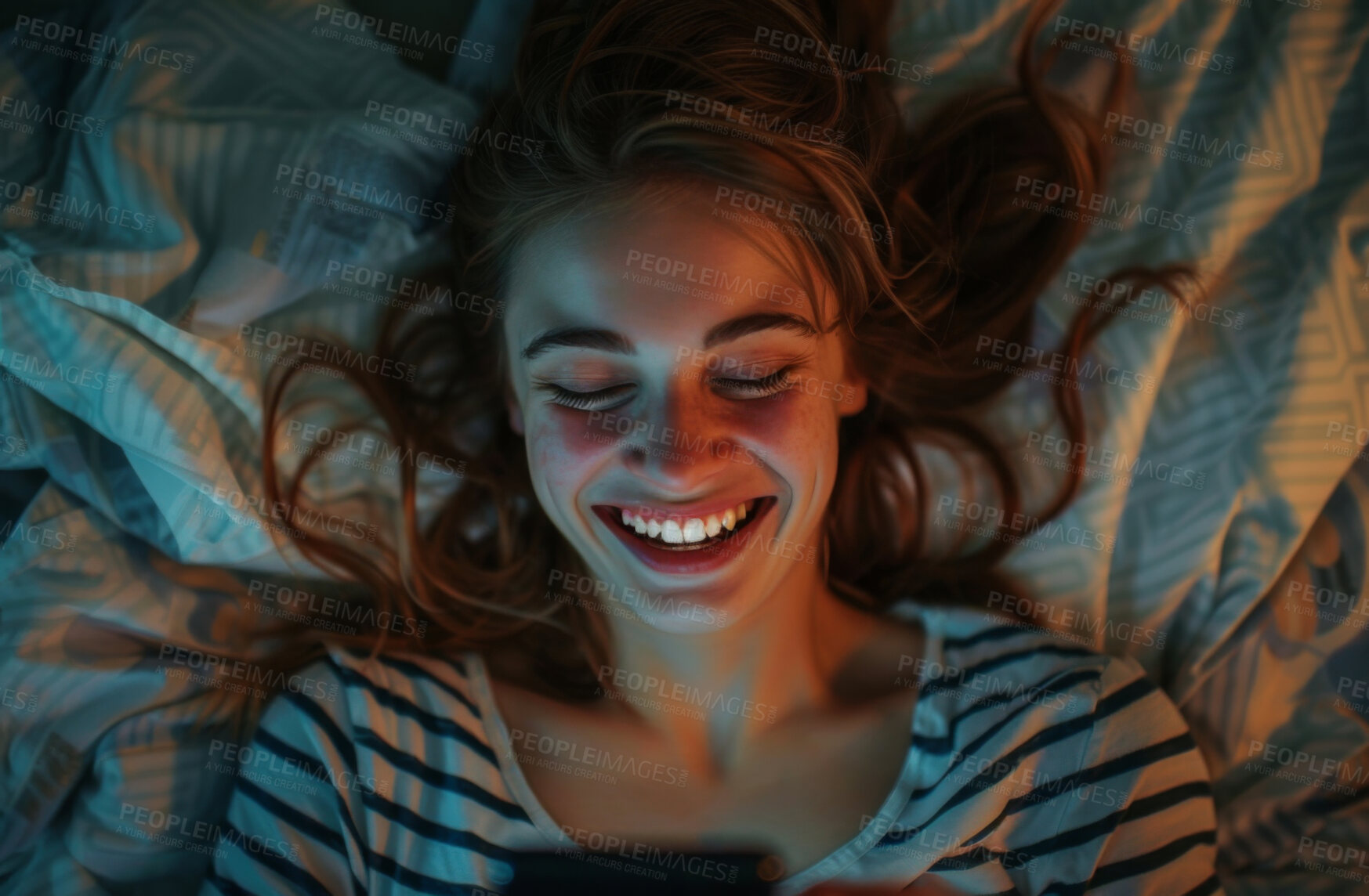 Buy stock photo Smartphone, bed and woman typing a message for social media , video call or networking. Cheerful, young and female laughing and texting friends or colleagues for content creation and scrolling