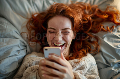 Smartphone, bed and woman typing a message for social media , video call or networking. Cheerful, young and female laughing and texting friends or colleagues for content creation and scrolling