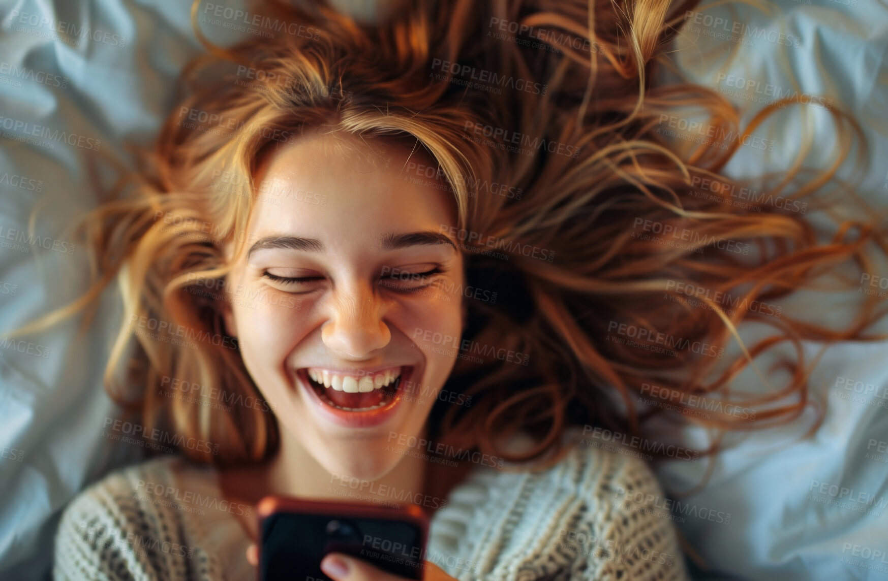 Buy stock photo Smartphone, bed and woman typing a message for social media , video call or networking. Cheerful, young and female laughing and texting friends or colleagues for content creation and scrolling