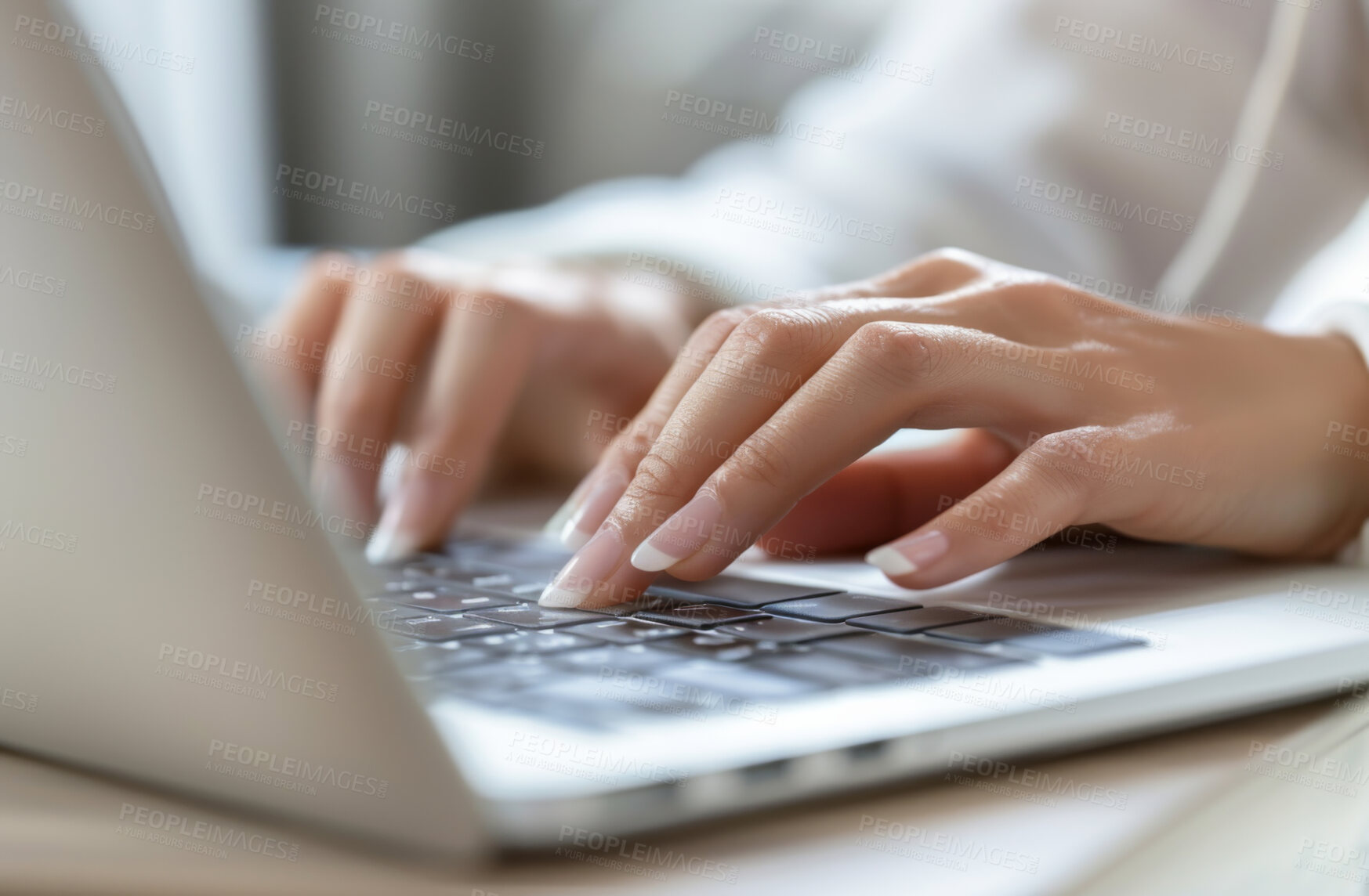 Buy stock photo Laptop, hand and person typing an email or message for social media marketing, business or networking. Closeup, computer and video call with friends or colleagues for content creation and research