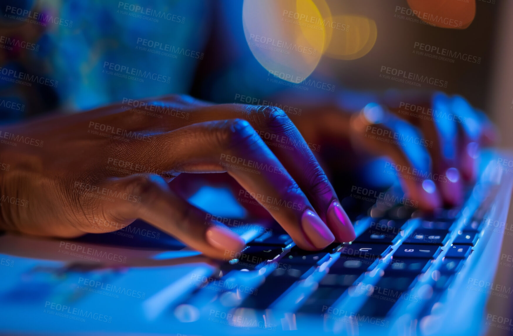 Buy stock photo Laptop, hand and person typing an email or message for social media marketing, business or networking. Closeup, computer and video call with friends or colleagues for content creation and research