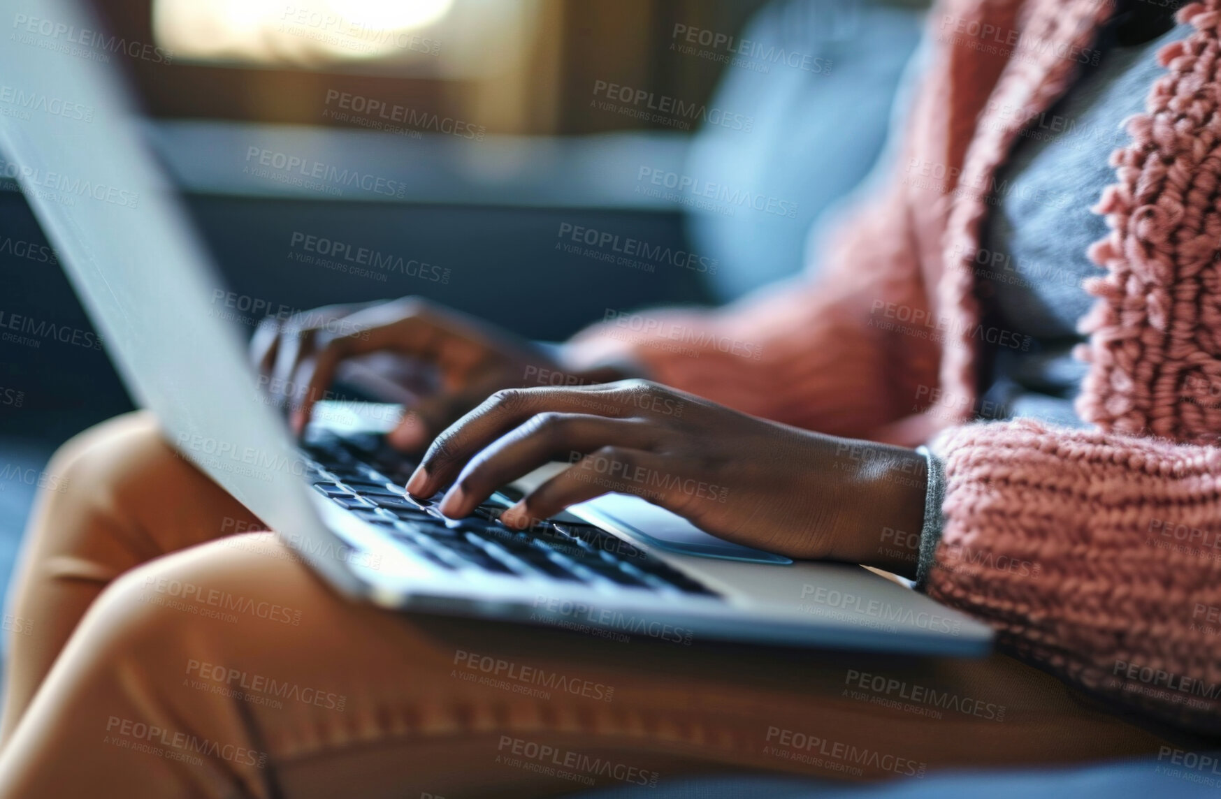 Buy stock photo Laptop, hand and person typing an email or message for social media marketing, business or networking. Closeup, computer and video call with friends or colleagues for content creation and research