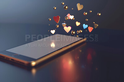 Smartphone, digital or mobile with icons and emojis for social media marketing, dating or networking. Closeup, cellphone and blank screen mockup space for apps, content creation or application design